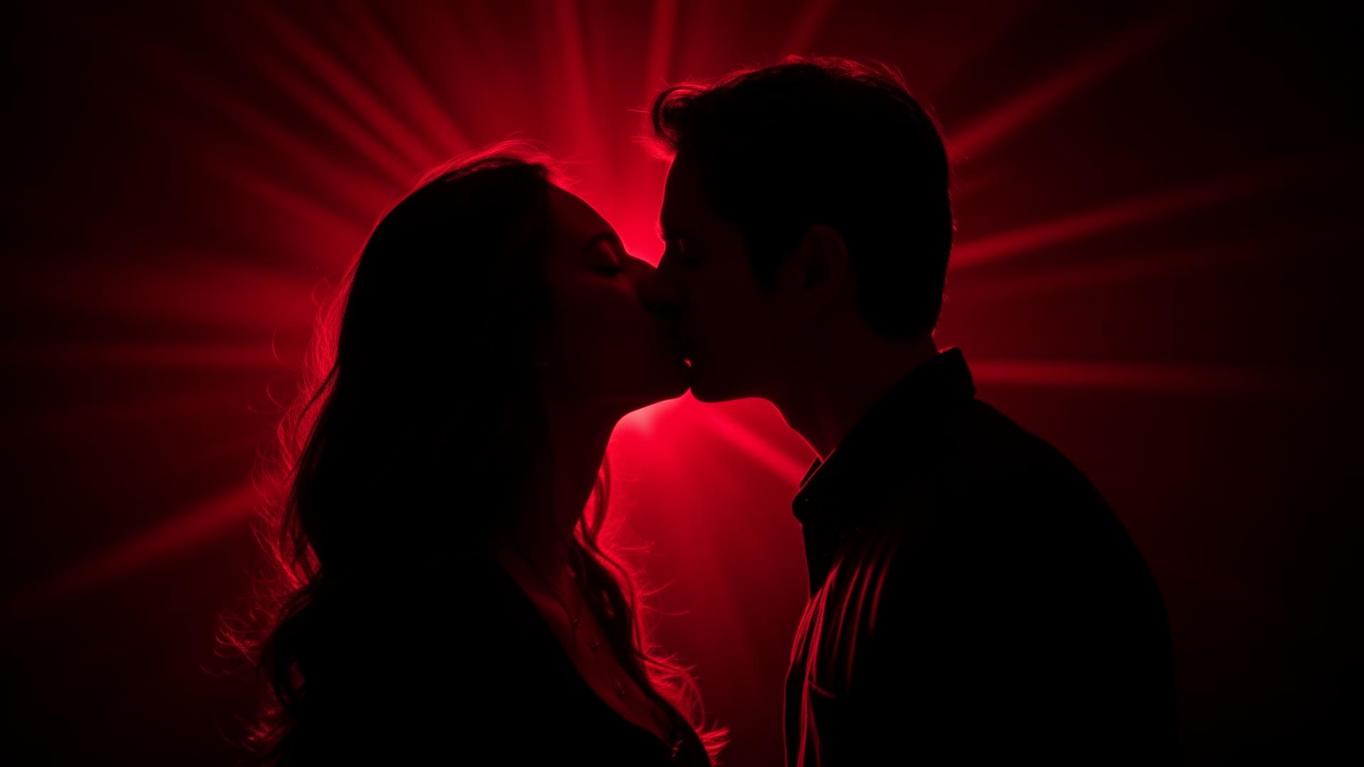 Couple kissing in red neon light